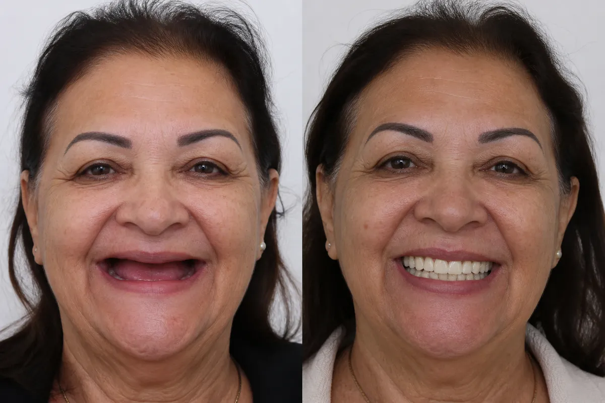 Paciente da Dentista Méier antes e depois da prótese protocolo fixa sobre implantes